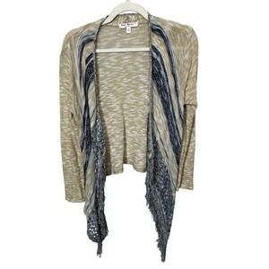 Say What? New York Open Front Cardigan Fringed Trim Tan Blue Women's Size Medium